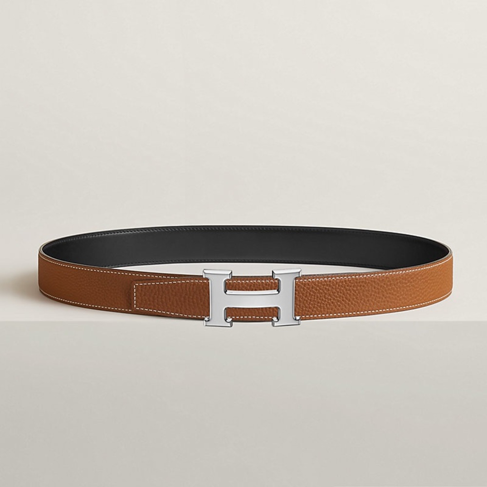 Hermes Reversible Leather Logo H Buckle Belt Size 80 Brown Silver